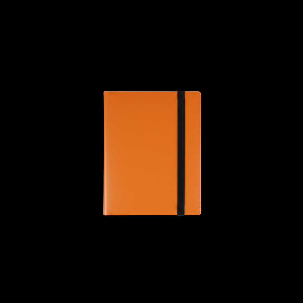 Orange trading card binder on black background