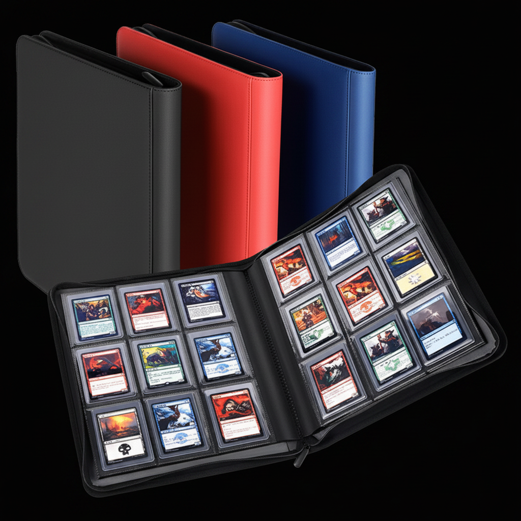 9-pocket toploader binders on black background