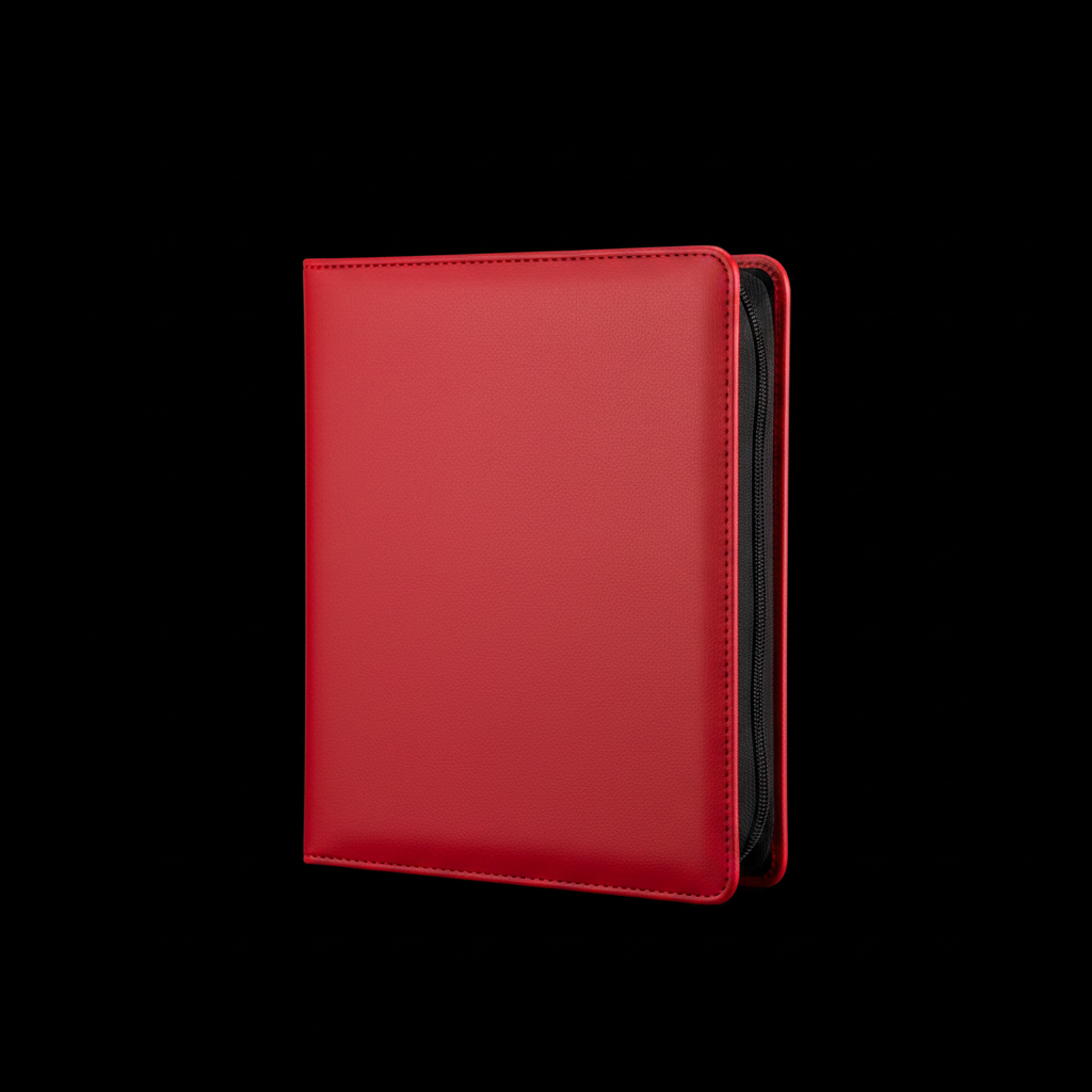 Red 9-pocket toploader binder on black background