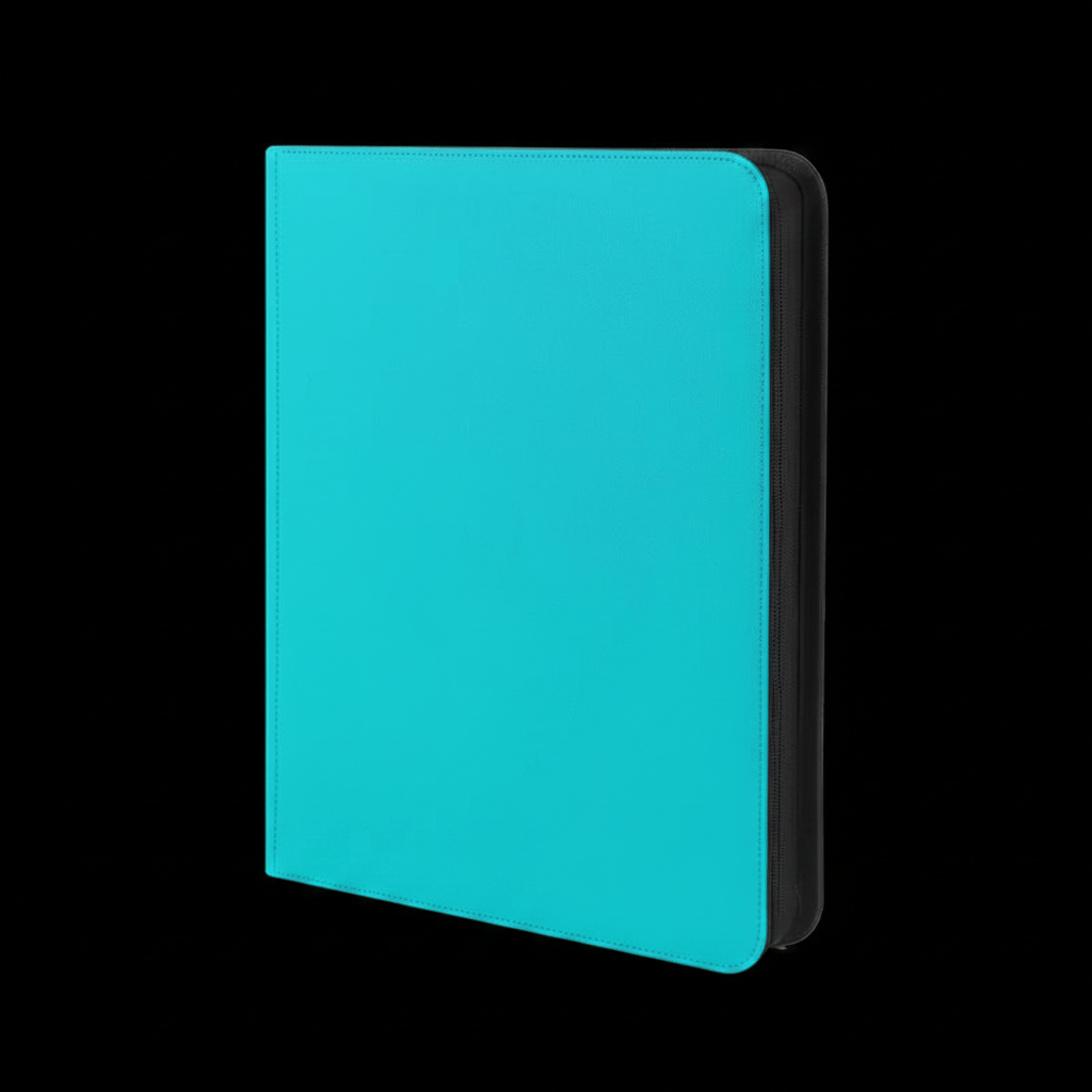Teal 9-pocket toploader binder on black background
