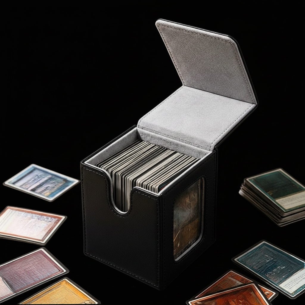 Black magnetic closure card box open showing cards inside
