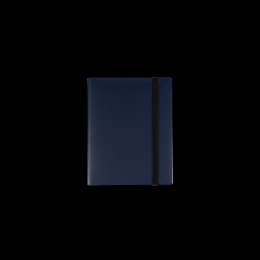 Navy trading card binder on black background
