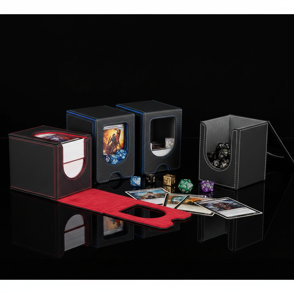 Black leather TCG deck box with cards and dice on black background