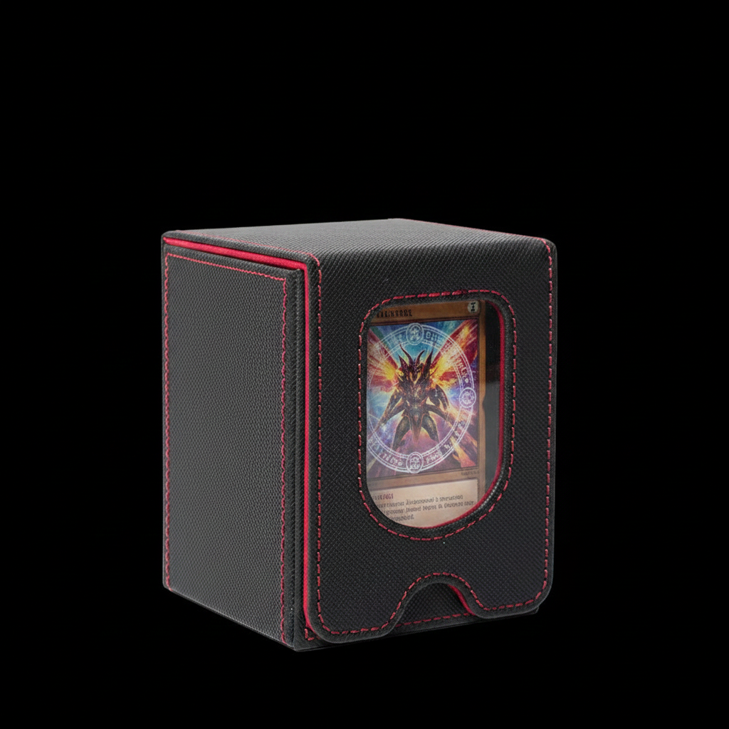 Black leather TCG deck box closed on black background