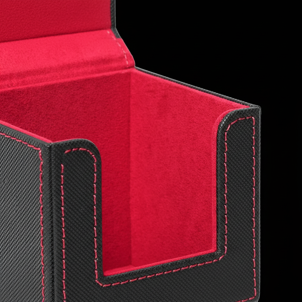 Black leather TCG deck box interior detail on black background