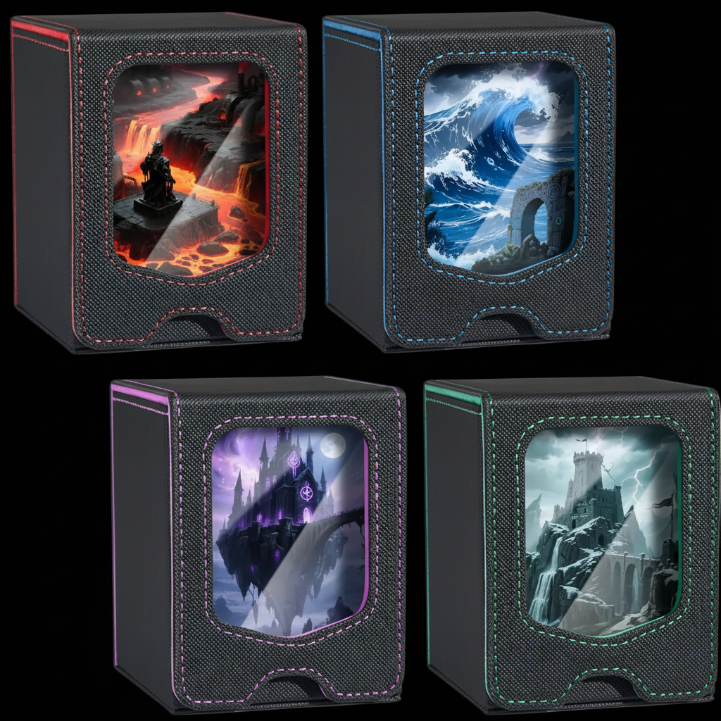 Four leather TCG deck boxes on black background