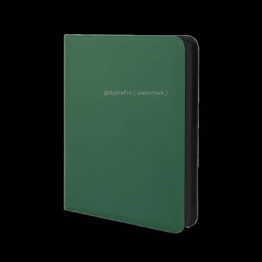 Green 9-pocket toploader binder on black background