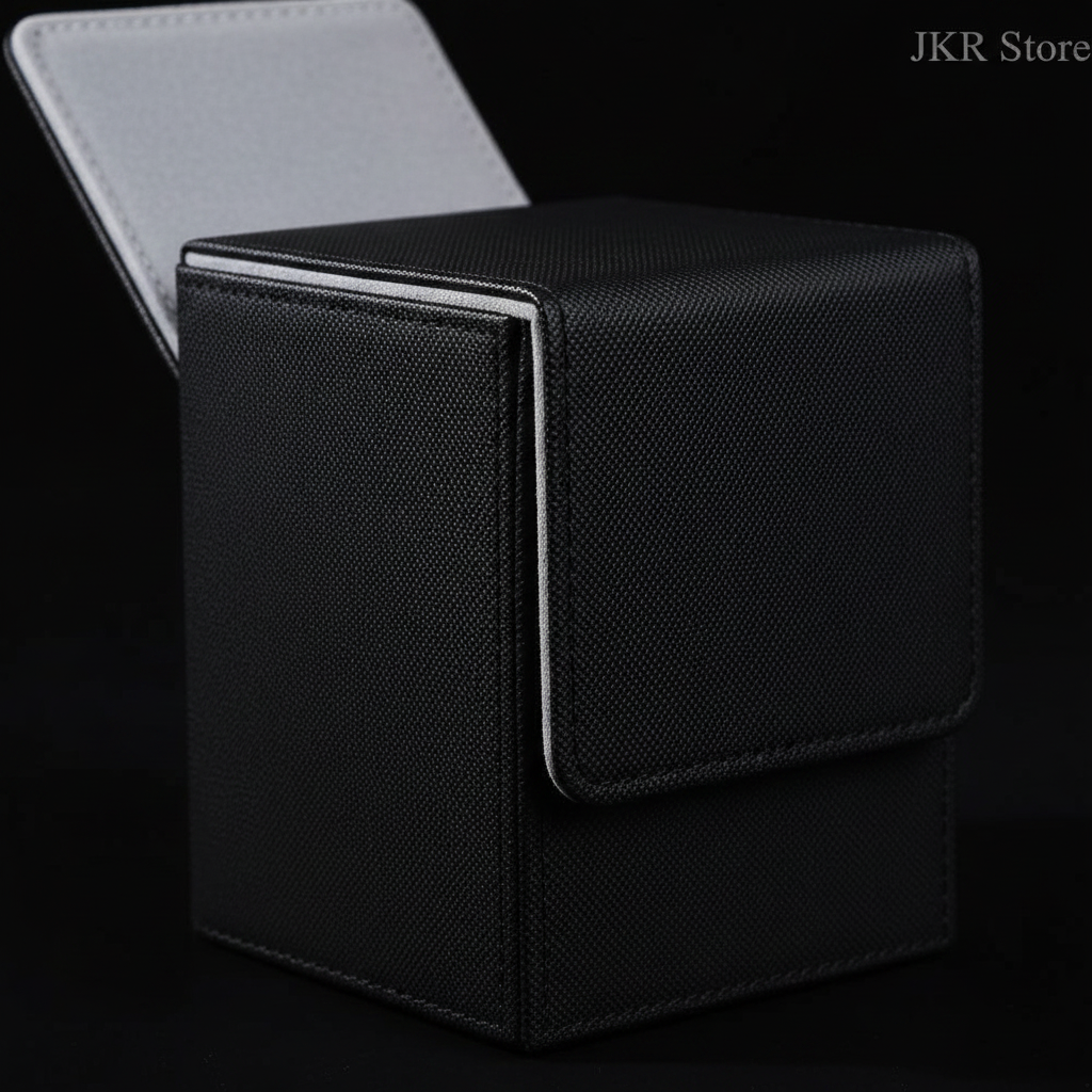 Black PU leather card box texture detail on black background