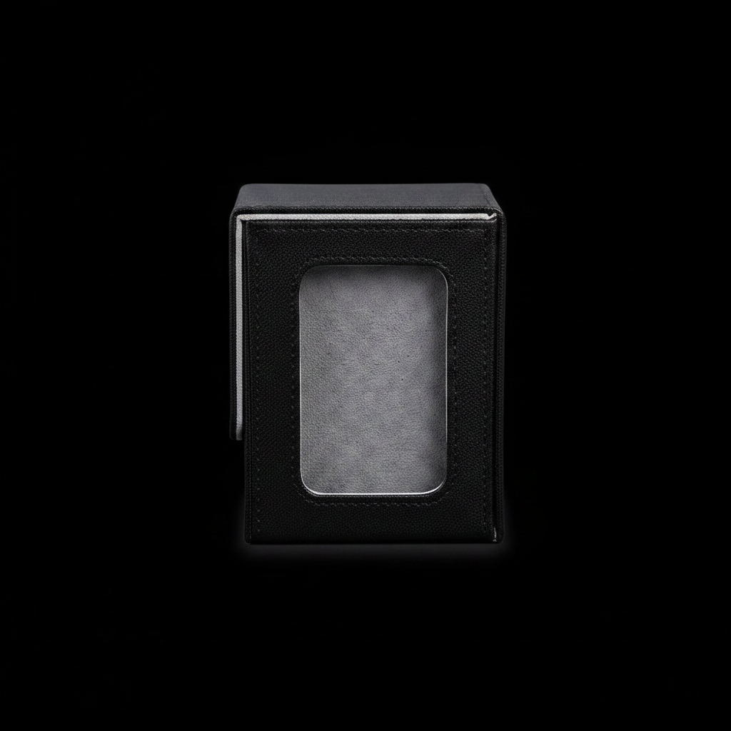 Black magnetic closure card box front view on black background