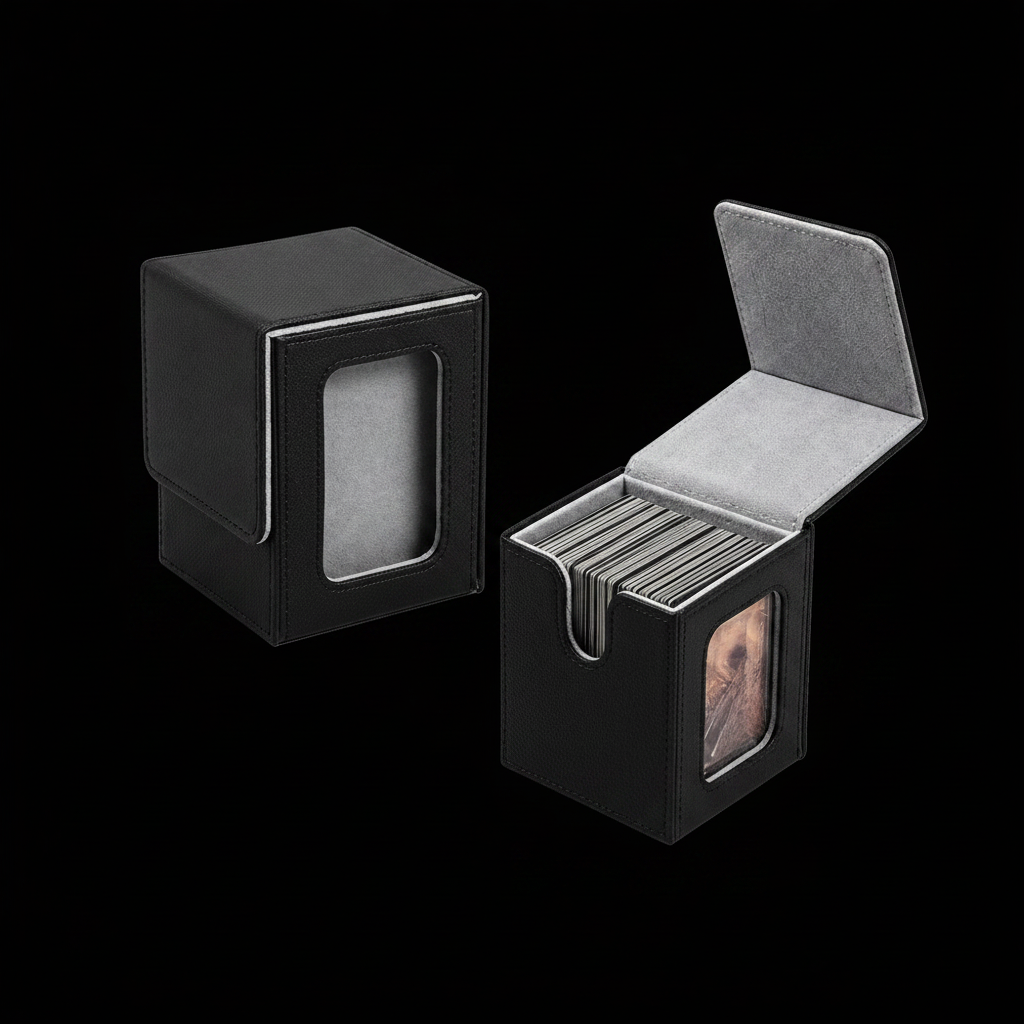 Two magnetic closure card boxes showing size on black background