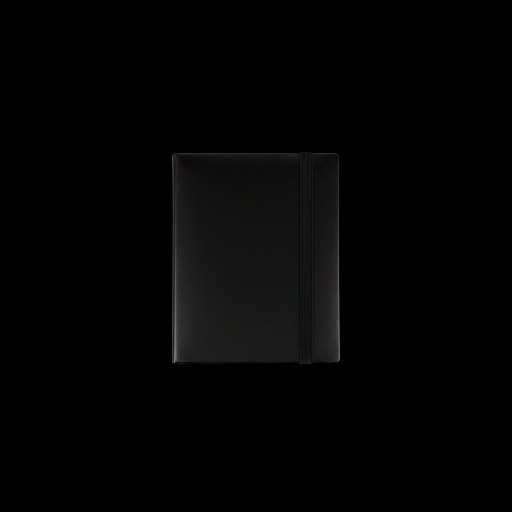 Black trading card binder on black background