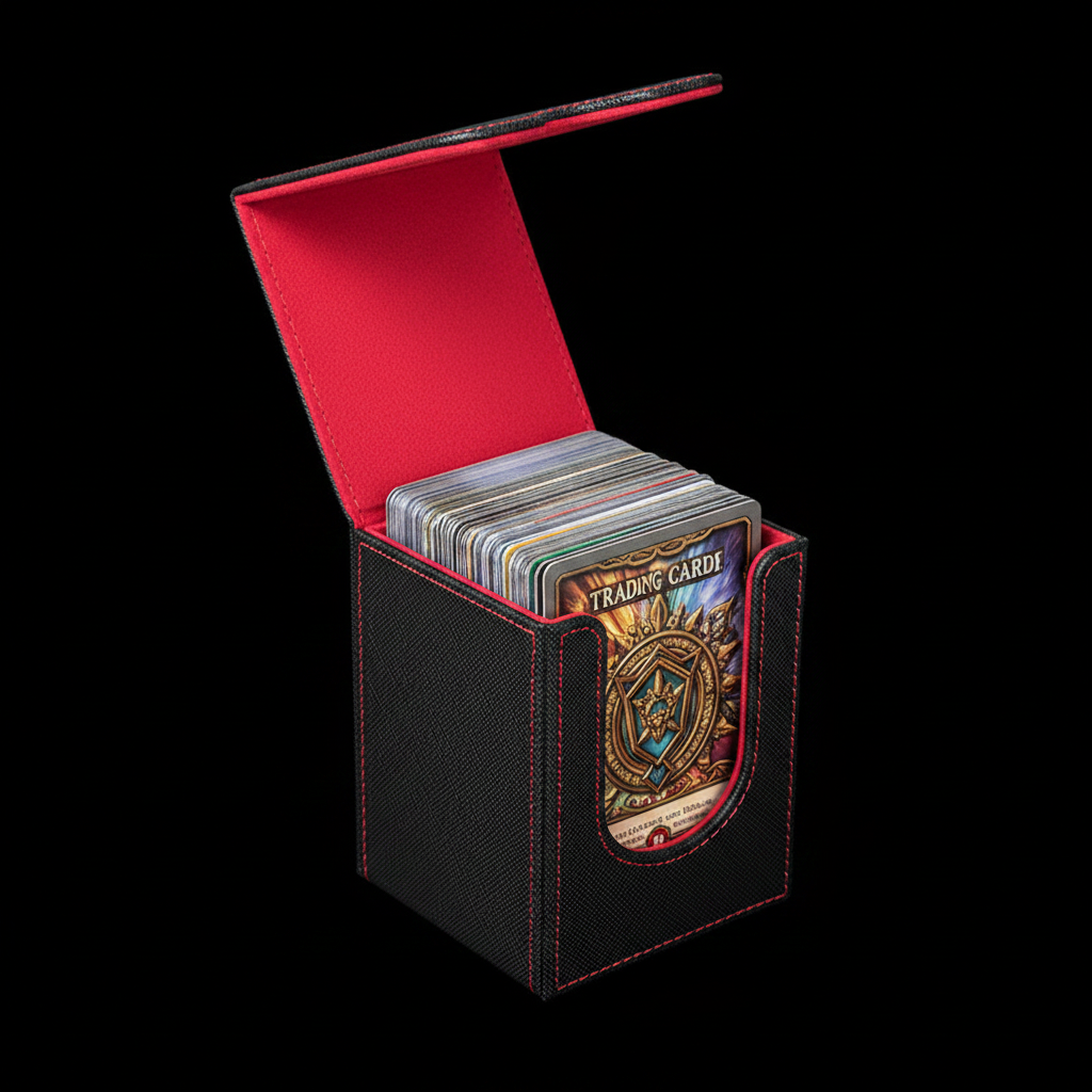 Black leather TCG deck box lid open on black background
