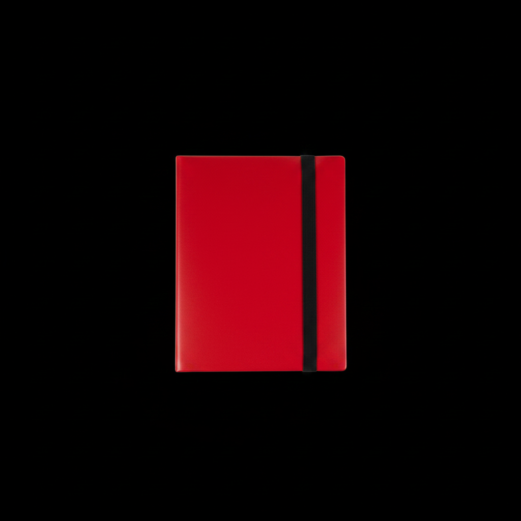 Red trading card binder on black background