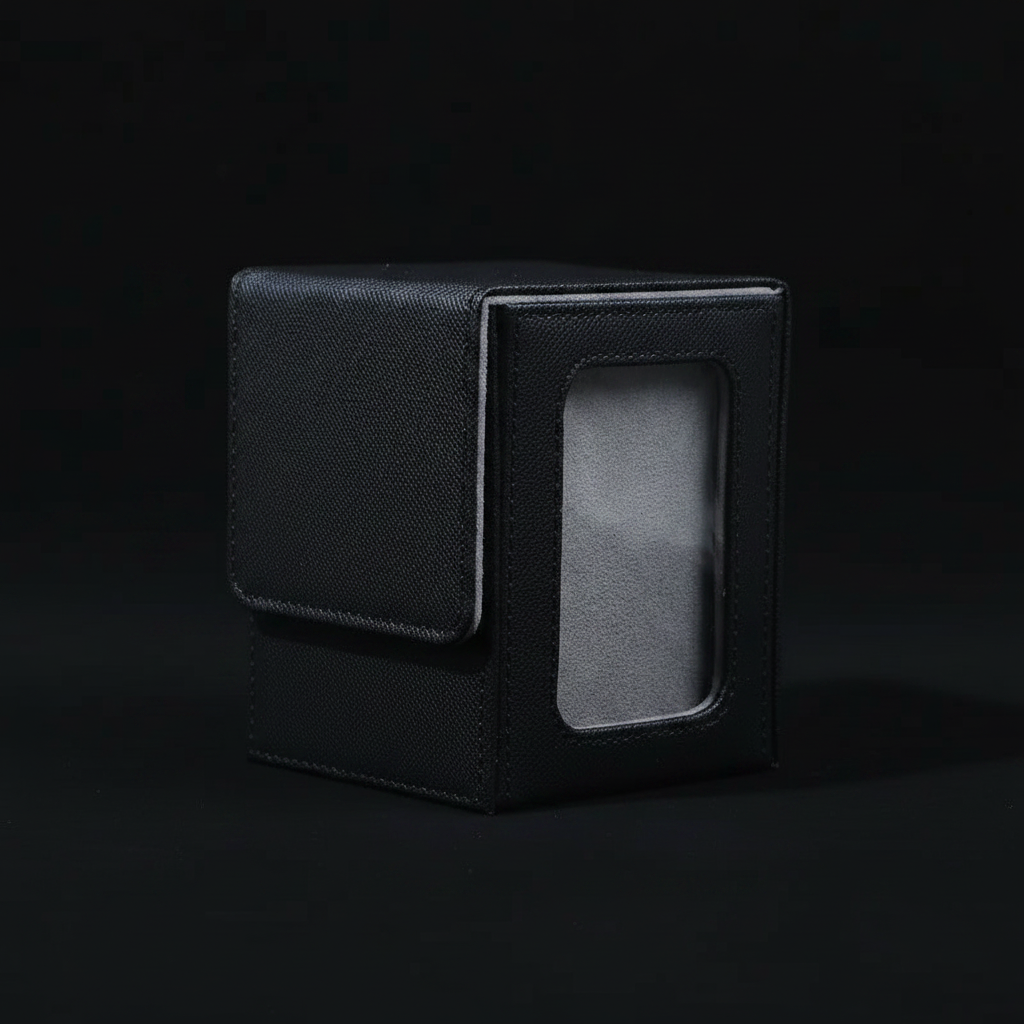 Black magnetic closure card box closed on black background