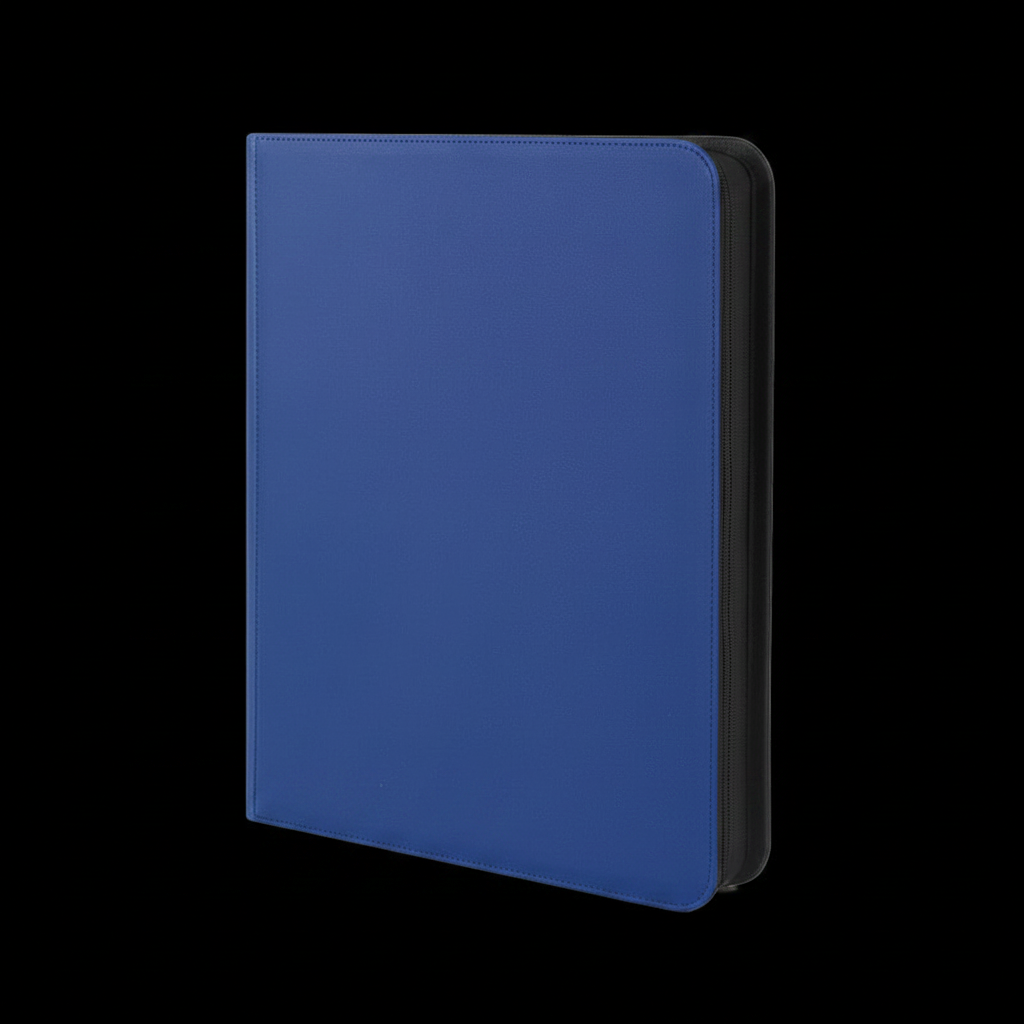 Blue 9-pocket toploader binder on black background