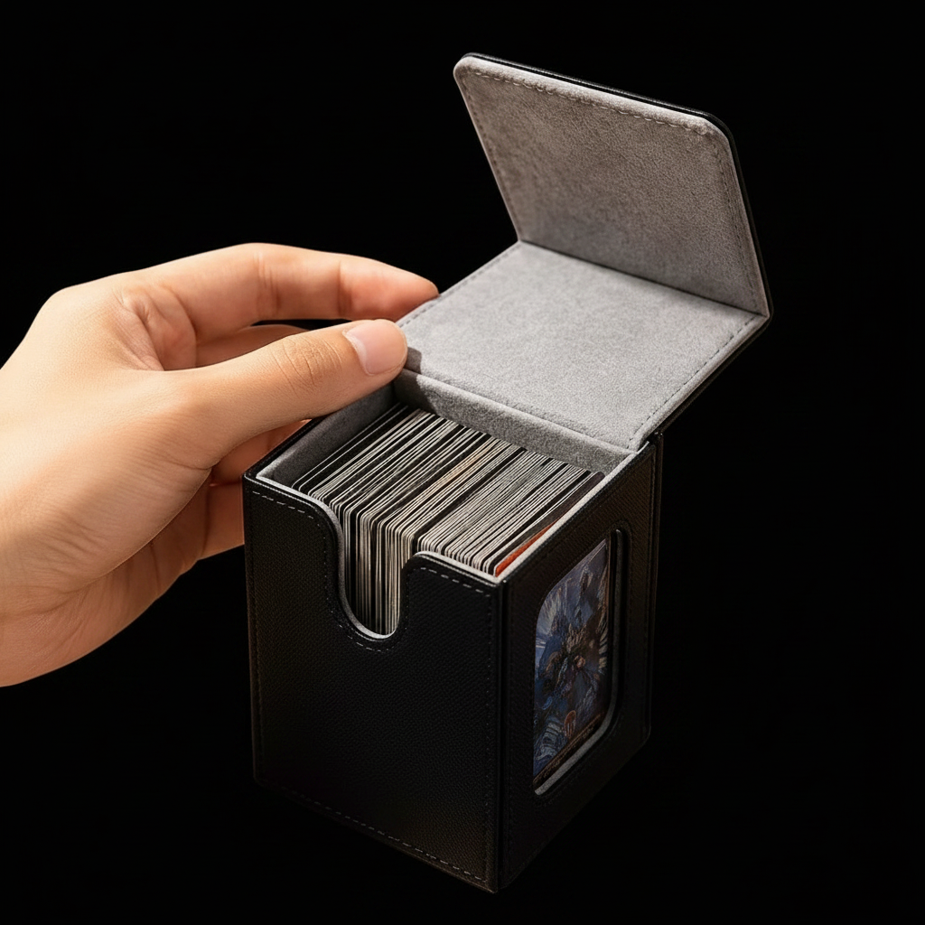 Black magnetic closure card box being opened on black background