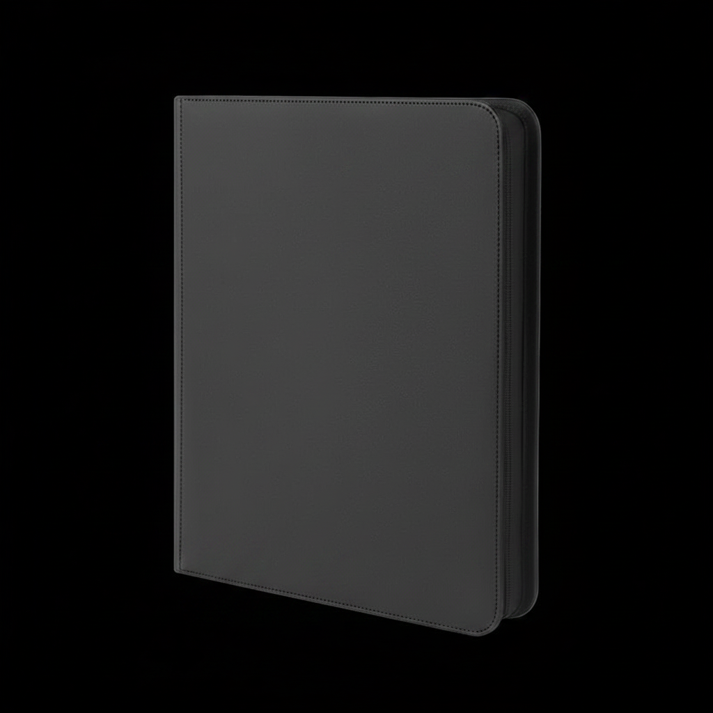Black 9-pocket toploader binder on black background