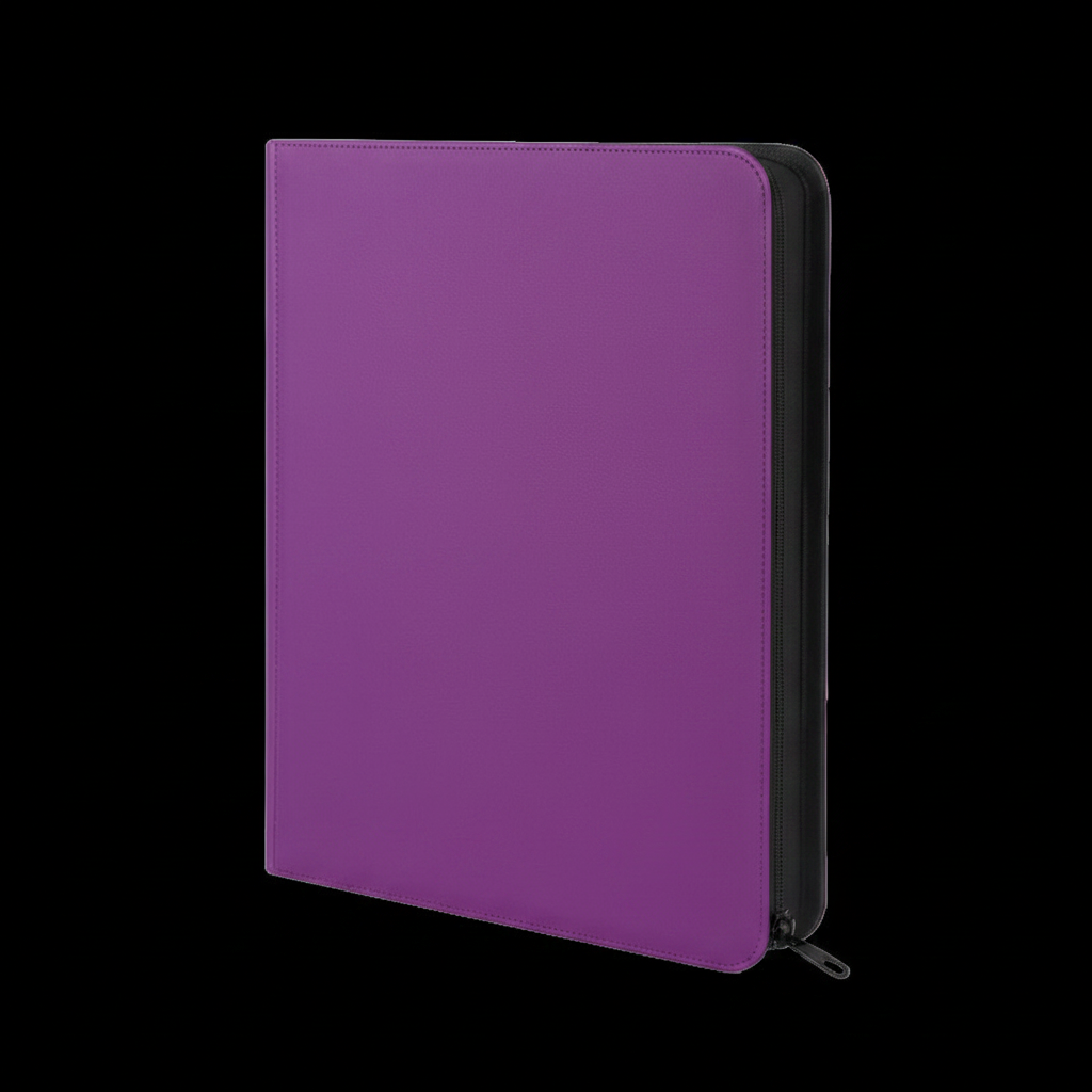 Purple 9-pocket toploader binder on black background