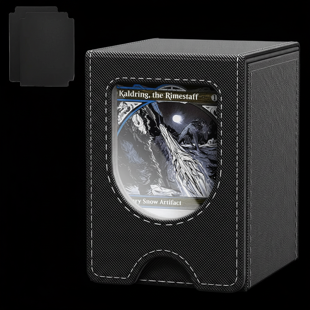 Black leather TCG deck box with white stitching on black background