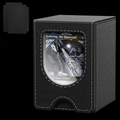 Black leather TCG deck box with white stitching on black background