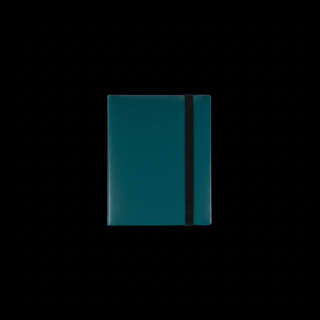 Teal trading card binder on black background