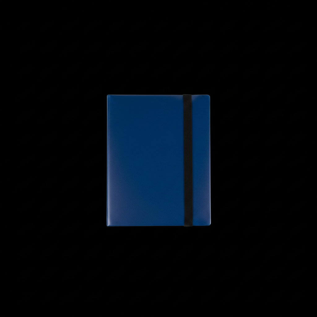 Blue trading card binder on black background