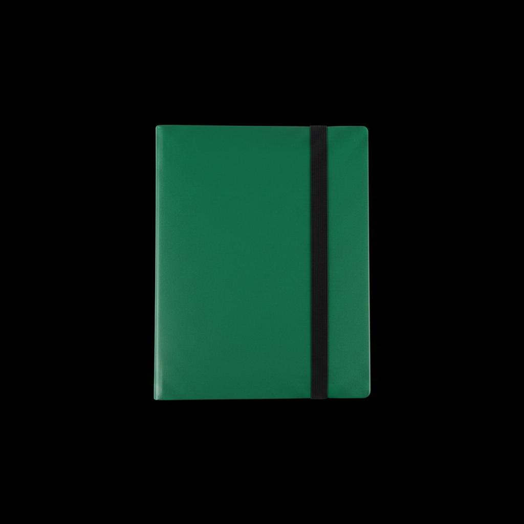Green trading card binder on black background